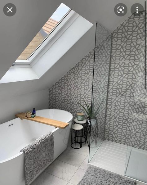 Loft Conversion Ensuite, Bathroom With Shower And Bath, Sloped Ceiling Bathroom, Loft Ensuite, Attic Bathroom Ideas, Small Attic Bathroom, Bathroom Loft, Loft Staircase, Cottage Bathroom Ideas