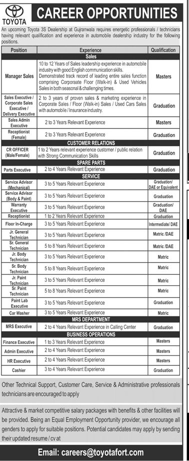 Introduction To Jobs & Organization Toyota Jobs April 2021 are announced for a 3S Dealership at Gujranwala to fulfill the various posts with suitable and energetic candidates. Toyota is one of the leading automobiles industry working in Pakistan , offers an attractive salary package and other benefits. Read the complete details on Parho Pakistan page- Apply Now The post Toyota Jobs April 2021 – Toyota Dealership Gujranwala appeared first on Parho Pakistan - Latest Jobs in Pakistan. Toyota Company, Self Motivated, Car Manufacturing, Toyota Dealership, Internal Audit, Automobile Companies, Company Job, Job Advertisement, Internship Program