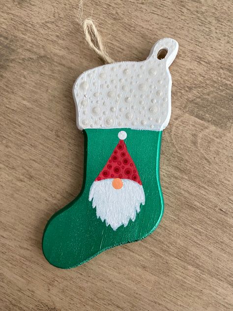 Shape Painting Ideas, Log Painting, Gnome Stocking, Shape Painting, Christmas Painting, Stocking Ornament, Painting Workshop, Wooden Ornament, Wooden Shoes