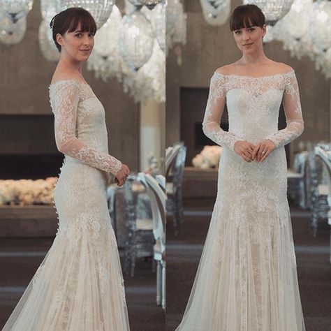 "Anastasia Grey. ". I love her dress...very classic and elegant Grey Wedding Dress, Sheath Wedding Gown, Blush Wedding Dress, Wedding Movies, Fifty Shades Freed, Blush Bridesmaid Dresses, Boda Mexicana, Beautiful Wedding Gowns, 50 Shades Of Grey