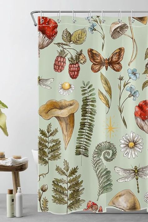 Sage Green Vintage Mushroom Shower Curtain Tan Shower Curtain, Botanical Mushroom, Bathroom Boho, Botanical Bathroom, Floral Bathroom Decor, Curtains For Bathroom, Fern Forest, Floral Bathroom, Shower Rods