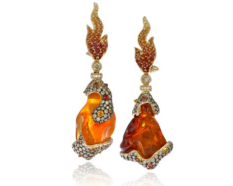 Italian Design Ltd. Lava Earrings made with irregular-shaped fire opals. -- New Breed of Italian Jewelers Make Their Mark Lava Earrings, Jelly Opal, Fire Jewelry, Brown Diamonds, Fire Opals Jewelry, Fire Opals, Peruvian Blue Opal, Gemstone Art, Italian Jewelry