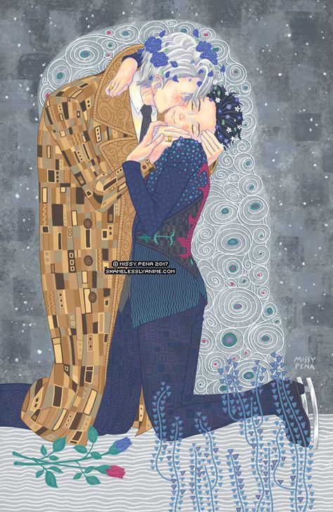 We call everything on the ice “love”Based on Gustav Klimt’s The Kiss (Lovers) and Yuri!!! On Ice. I loved this series!! This painting went by pretty fast since it i... Yuri On Ice Kiss, Katsuki Yuri, Kiss Print, The Kiss (klimt), Ice Art, Aesthetic Letters, Yuri On Ice, Rwby, The Ice