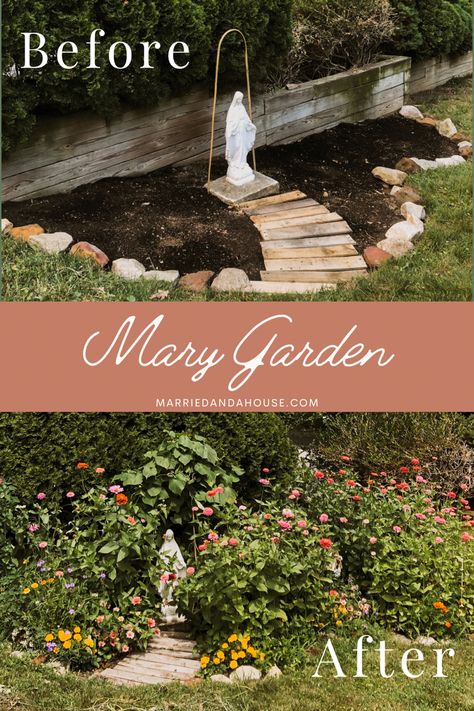 Before and After Flower Garden for Mary! See more inspo pics on this blog post! Marian Garden Ideas, Marian Garden, Making A Garden, Mary's Garden, Mary Garden, The Blessed Mother, Prayer Garden, Bamboo Trellis, Lenten Rose