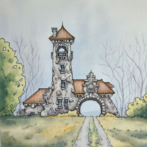 Fantasy House Sketch, Fantasy House Drawing, Building Doodles, Whimsical Houses, Watercolor Architecture, Diy Watercolor Painting, Architecture Drawing Art, Building Art, Fantasy House