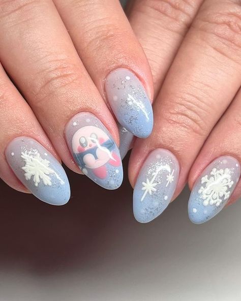 Kirby Nail Art, Kirby Nails, Snow Nails, December Nails, Bunny Nails, January Nails, Festive Nail Art, Cool Skin Tone, Anime Nails