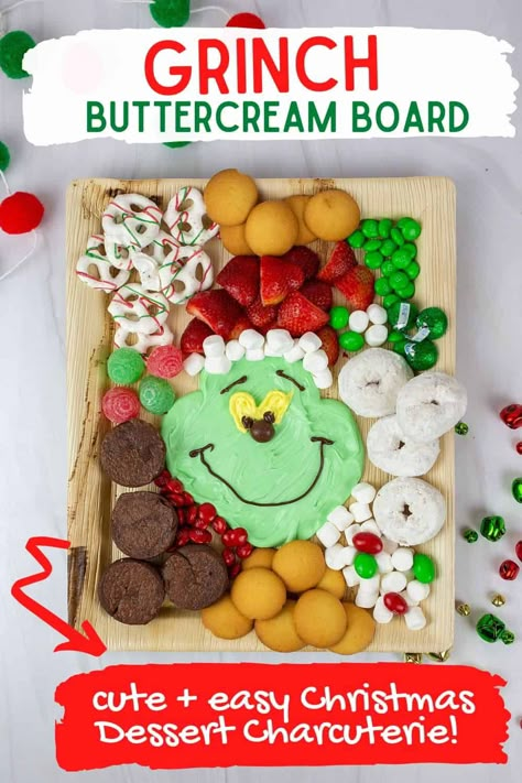 Toddler Charcuterie Board Christmas, Christmas Buttercream Board Ideas, Buttercream Charcuterie Boards, Grinch Snack Board, Kid Christmas Snacks, Grinch Christmas Recipes, Ugly Sweater Charcuterie Board, Grinch Appetizers Food Ideas, Christmas Frosting Board