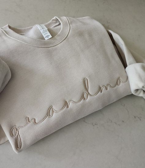 Crew Neck Sweater With Custom Embroidery, Oversized Crew Sweater With Embroidered Text, Luxury Embroidered Logo Crew Sweater, Embroidered Grandma Sweatshirt, Dog Mom Embroidered Sweatshirt, Crewneck Embroidery, Swimwear Boutique, Beautiful Script Fonts, Dropped Shoulder Sweatshirt