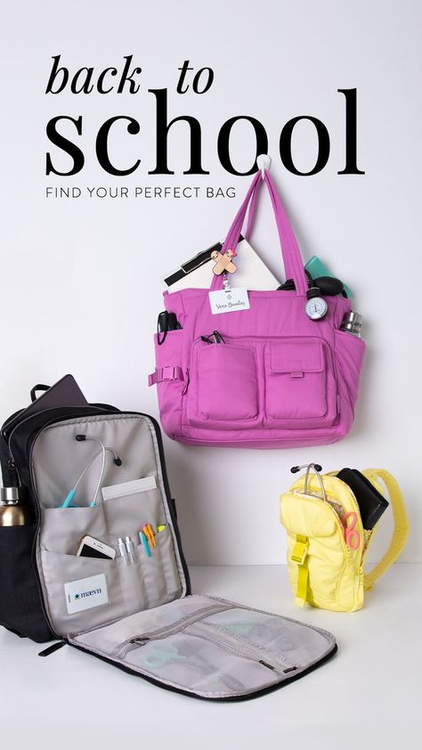 Black, pink and yellow bags and backpacks featuring many pockets for medical students to go back to school. Utility Backpack, Nursing Bag, Nurse Gear, Nurse Accessories, Medical Accessories, Nursing Supplies, Uniform Advantage, Stethoscopes, Go Back To School