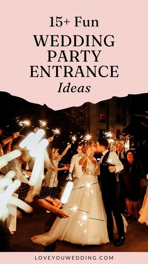 Set the tone for your wedding reception with a fun and creative wedding party entrance! We’re sharing 15 awesome wedding party entrance ideas including the best wedding party entrance songs, dances, ideas, and more! Creative Wedding Entrance Ideas, Songs To Walk Into Wedding Reception, Best Wedding Entrance Ideas, Wedding Reception Walk In Ideas, Entrance To Wedding Reception, Wedding Walk In Ideas, Bridal Party Walk In Songs Reception, Wedding Entrance Ideas Funny, Grand Entrance Wedding Ideas