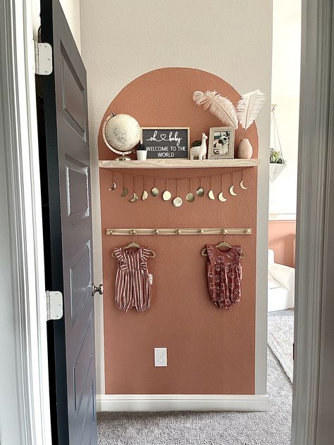 Boho Wall Murals Painted Nursery, Painted Arch Dining Room, Painted Arch Decor, Accent Arch Paint, Arch Accent Wall Nursery, Painted Arch With Shelf, Painted Arch In Kitchen, Painted Arch In Nursery, Wall Arch Nursery