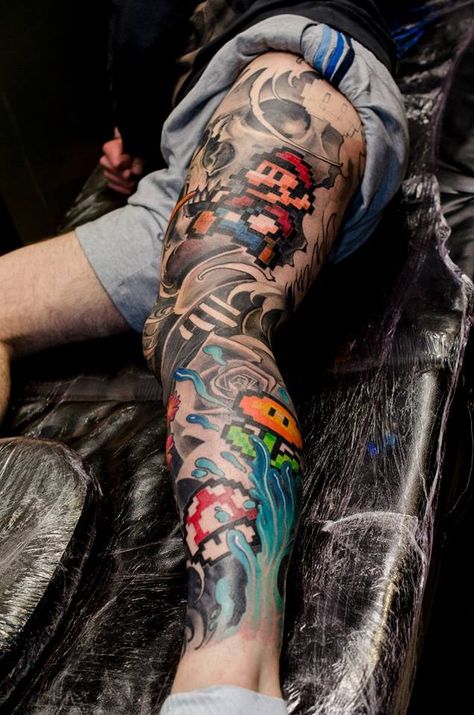 Nintendo Tattoo, Video Game Tattoos, Mario Tattoo, Gamer Tattoos, Video Game Tattoo, Geek Tattoo, Leg Sleeve Tattoo, Gaming Tattoo, Leg Sleeve