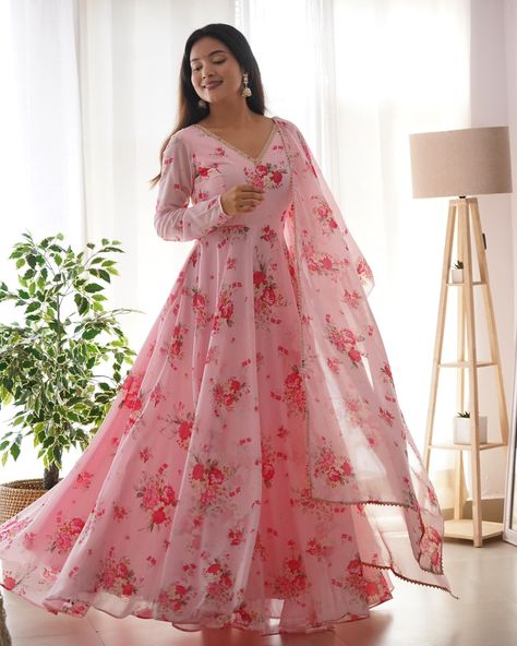 Premium Pink New Floral Digital Print Georgette Anarkali Suit With Pent and Dupatta Fully Stitched Set For Women readymade salwar kameez set long wedding gown Anarkali suit PRESENTING NEW PURE  SOFT GEORGETTE ANARKALI FULLY FLAIR GOWN,DUPPTA SET READY TO WEAR FULLY STTICHED KURTI FABRIC:PURE SOFT GEORGETTE FLORAL PRINT INNER MICRO COTTON FLAIR: 8 mtr fully flair approx  *LENGTH *:55 56 inch approx  *FULL LENGTH CHUDIDAR SLEEVES,PADDED,ZIPPER ATTACHED COMPLETE READY TO WEAR * KURTI INNER: MICRO COTTON  DUPPTA: 2.3 PURE SOFT FOX GEORGETTE BOADER FANCY LACE WORK DUPPTA WIDTH:28 INCH SHAWL STYLE DUPPTA  SIZE :S(36) M(38) L(40) XL(42)  XXL(44) FULLY STTICHED COMPLETE READY TO WEAR * This anarkali gown is perfect for special occasions, weddings, festivals, and other celebrations. * Enhance your Floral Anarkali, Georgette Anarkali Suits, Pink Anarkali, Georgette Anarkali, Gown With Dupatta, Ethnic Gown, Printed Gowns, Anarkali Gown, Anarkali Suit