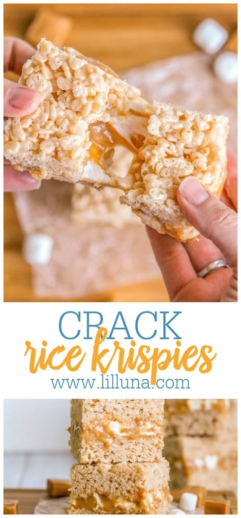 Gooey marshmallow Crack Rice Krispies filled with caramel are an addicting version of Rice Krispies that will leave you wanting more!! #crackricekrispies #caramelricekrispies #ricekrispiesrecipe #ricekrispies #carameldesserts Marshmallow Toffee Rice Krispies, Carmel Rice Crispy Marshmallow, Caramel Apple Rice Krispie Treats, Gourmet Rice Krispies, Decadent Rice Krispie Treats, Gooey Rice Crispy Treats Recipe, Cinnamon Rice Krispie Treats, Carmel Rice Crispy Treat, Carmel Rice Crispy Bars