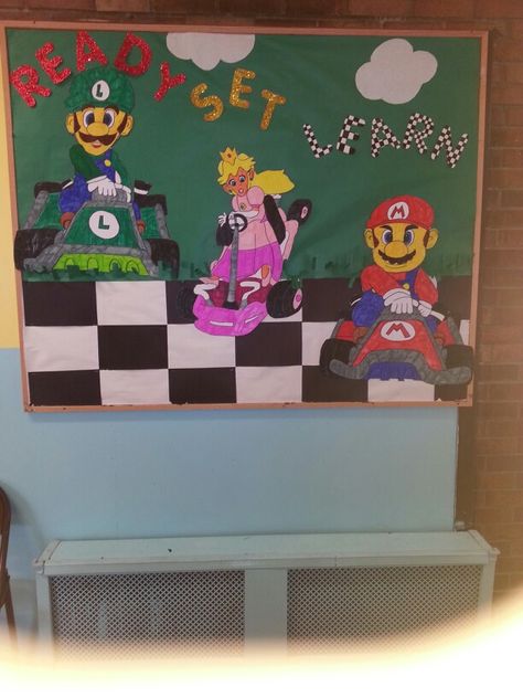 Mario Kart Bullentin Board for Back to school-Not completed ! Mario Brothers Classroom Door, Mario Brothers Bulletin Board Ideas, Super Mario Bros Bulletin Board, Mario Kart Classroom Theme, Mario Kart Bulletin Board, Mario Brothers Bulletin Board, Video Game Bulletin Board Ideas, Super Mario Bros Classroom Theme, Level Up School Theme