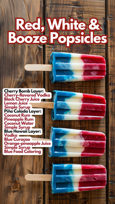 Red, White & Booze Popsicles Booze Popsicles, Popsicle Drinks, July Cocktails, Alcoholic Popsicles, Black Cherry Juice, Vodka Blue, 4th Of July Cocktails, Cherry Coconut, Cocktail Drinks Alcoholic