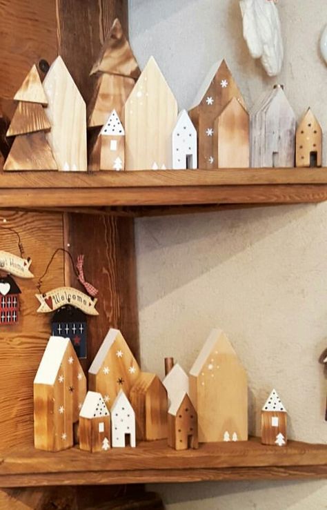 White Wooden Christmas Houses, Wooden Houses Decoration, Wood Block Houses Christmas, Diy Wooden Christmas Village, Wood Block Houses, Wooden House Decoration, Christmas Craft Fair, Homemade Christmas Decorations, Home Wood