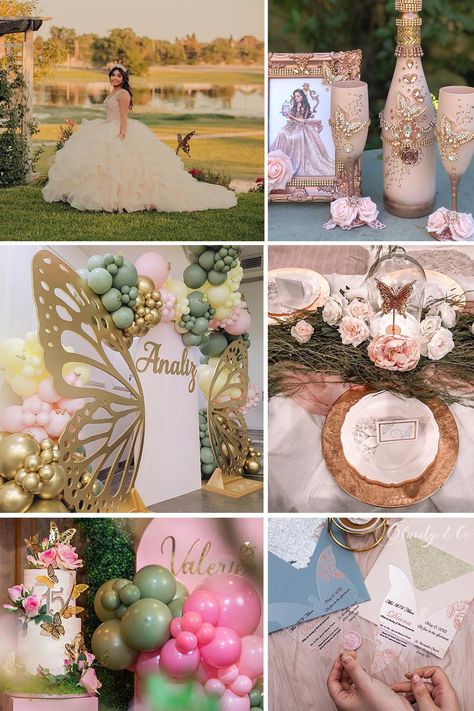 Quince Spring Themes, Spring Theme Quinceanera, Quencinera Butterfly Theme, Quinceanera Ideas Themes Butterflies, Sweet Sixteen Butterfly Theme, Cottagecore Quince, Butterfly Theme Debut, Butterfly And Flower Quinceanera Theme, Butterfly Garden Quinceanera Theme