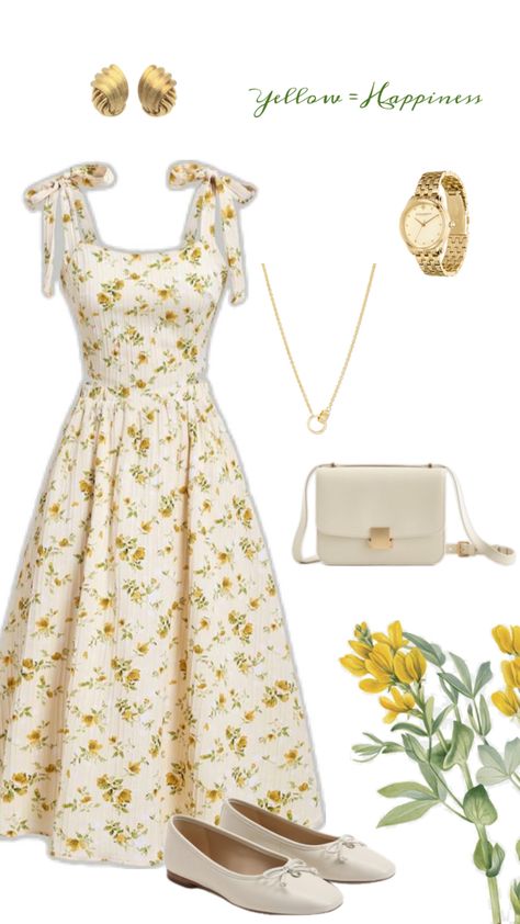 Yellow sundress cottage core outfit with gold details Sundress Aesthetic, Cottagecore Outfit Ideas, Yellow Dress Outfit, Cottage Core Outfit, Outfit For Church, Sundress Outfit, Cottagecore Outfit, Yellow Sundress, Cute Dress Outfits