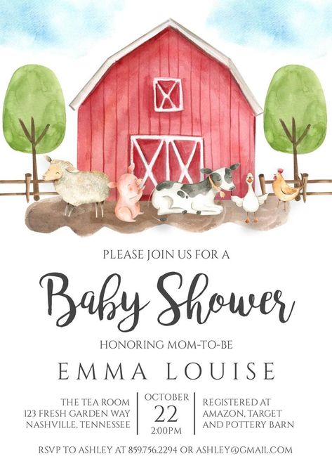 Barn Farm Animals Baby Shower Invitation Boy Baby Shower Red | Etsy Baby Shower Invitation Boy, Farm Baby Shower, Animal Baby Shower Invitations, Animals Baby Shower, Farm Baby, Jungle Baby Shower, Pink Baby Girl, Invitation Baby Shower, Farm Theme