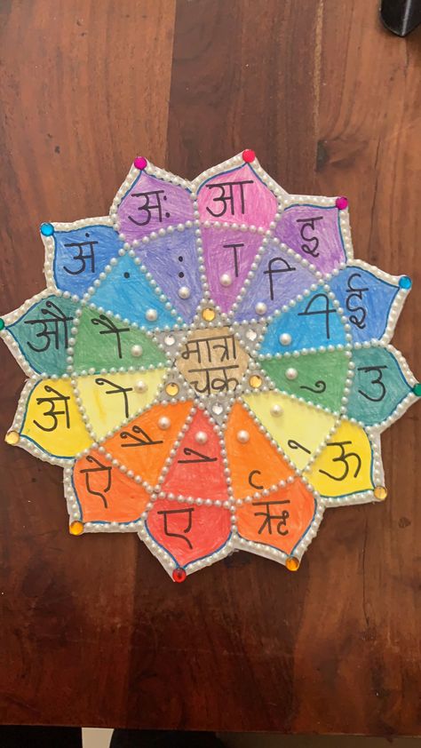 Multicoloured matra chakra done for a school project Hindi Project For Exhibition, Hindi Matra Chart Project, Hindi Exhibition Ideas For School, Hindi Varnamala Chart Ideas, Hindi Exhibition Ideas, Vowels Decoration Ideas, Hindi Decoration, Hindi Matra Chart, Hindi Charts For Classroom Decoration