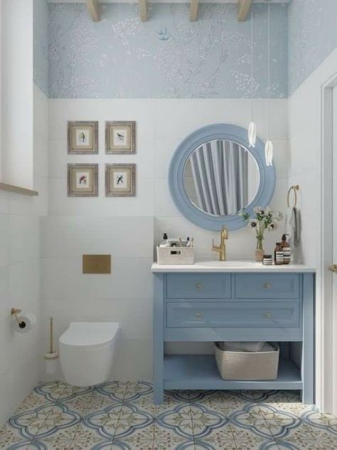 Blue Small Bathrooms, Small Luxury Bathroom, Timeless Bathroom Design, Small Bathroom Decor Ideas, Light Blue Bathroom, Blue Bathroom Tile, Blue Bathroom Decor, Timeless Bathroom, Bathroom Decor Ideas