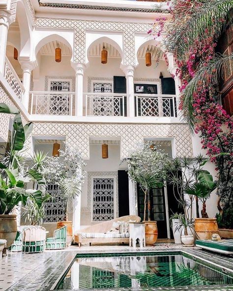 Le Riad Yasmine | Marrakech Riad Yasmine, Morocco House, Moroccan Garden, Moroccan Riad, Riad Marrakech, Green Jungle, House Pool, Fantasy Architecture, Indoor Gardens