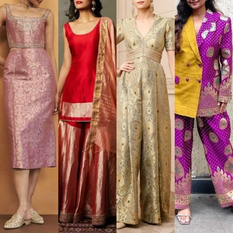 Old Blouse Designs Indian, Western Dress From Saree Ideas, Outfits Made From Sarees, Converting Saree Into Dress, Sarees Into Dresses Convert, Saree To Suit Convert Ideas, Dress From Old Saree Indian, Saree Converted To Dress Ideas, Indowestern Wedding Outfits