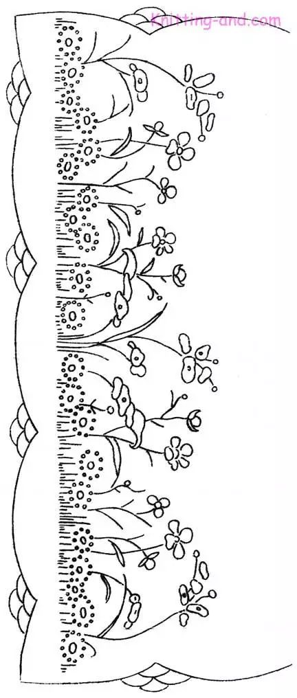 Embroidery pattern with flowers and fancy scalloped border Scalloped Border, Redwork Embroidery, Pola Sulam, Embroidery Patterns Vintage, Embroidery Patterns Free, 자수 디자인, Vintage Embroidery, Hand Embroidery Patterns, Floral Border