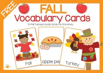 FREE Fall Vocabulary CardsHere's a cute little set of 24 Fall themed vocab cards. The words included are:windyleavesrainy dayskitesleafsquirrelacorn appleowlfox applesbranchAutumnFallapple piepumpkin piecornrobinapple treescarecrowpumpkinfootballturkeywheelbarrowI hope you enjoy these vocab cards!Happy teaching!You may also like these Fall products.Fall Math CentersFall Sentence StripsFall Literacy CentersFree Fall Sort & Graph Fall Apple Pie, Fall Literacy Centers, Fall Vocabulary, Thanksgiving Activities Preschool, October Classroom, October Ideas, October Activities, Fall Acorns, Thanksgiving Words