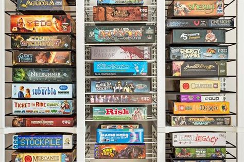 Board Game Shelves, Game Shelves, Board Game Shelf, Board Game Room, Board Game Cafe, Gamer Decor, Board Game Box, Game Cafe, Puzzle Storage