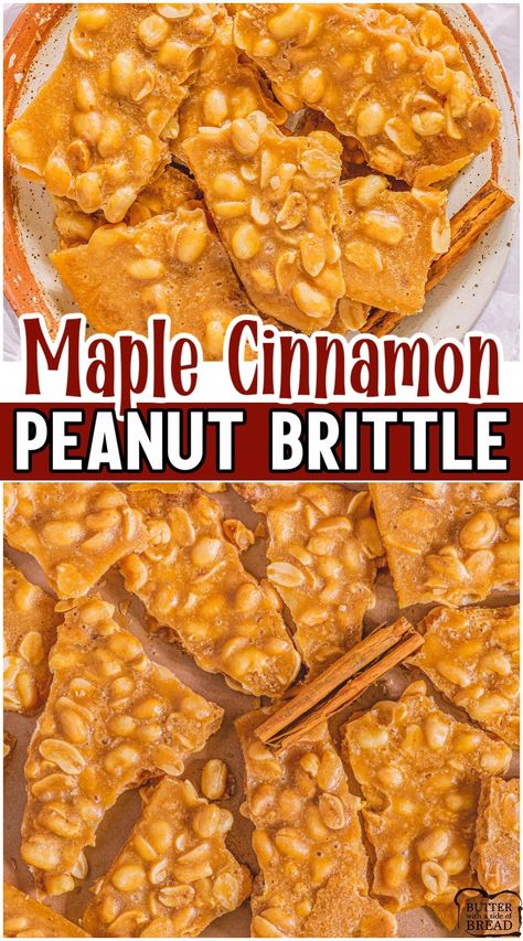 You can have homemade maple cinnamon peanut brittle in just 30 minutes with this recipe that uses maple syrup instead of corn syrup! Classic candy with lovely maple cinnamon flavors, perfect for holiday teats & gift giving. Dessert Recipes Cinnamon, Maple Brittle, Pumpkin Brittle, Thanksgiving Recipes Side Dishes Easy, Nuts Recipes, Homemade Candy Bars, Peanut Brittle Recipe, Candy Creations, Maple Candy