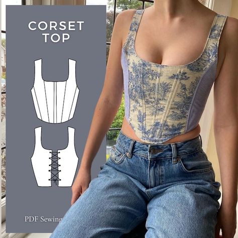 WitesonPatterns - Etsy Finland Clothes Sewing Patterns Top, Going Out Top Sewing Pattern, Top Sewing Ideas, Thrift Upcycle Clothes Ideas, How To Style Corset Tops, Corset Top Sewing Pattern, Thrift Upcycle Clothes, Womens Skirt Pattern, Sabrina Concert