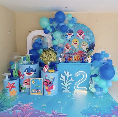 Sea Birthday Party Decorations, Shark Themed Party, Happy Birthday Theme, 2nd Birthday Party For Boys, Ocean Birthday Party, Shark Themed Birthday Party, Baby First Birthday Cake, Baby Birthday Themes, Shark Birthday Party