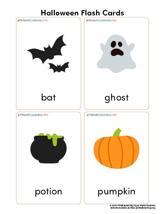 This set of Halloween flashcards is great for teaching any Halloween topic and enriching Halloween vocabulary. There are eight Halloween flashcards: bat, ghost, pumpkin, potion, broom, candy, vampire, and skeleton. Printing options: full color and black lines. Halloween Flashcards Free Printable, Halloween Flashcards, Halloween Vocabulary, Halloween Symbols, Halloween Words, Vocabulary Games, Ghost Pumpkin, Black Lines, First Halloween