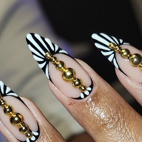 Cute Nails Classy, 2 Line French Nails, Unique Square Acrylic Nails, Royal Nail Designs, Monopoly Nails, Simple Glam Nails, Different Design On Each Nail, Black Almond Nails Designs, Intricate Nail Designs