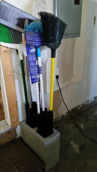 DIY broom or tool holder Broom Organizer Diy, Diy Broom And Mop Hanger, Diy Broom Holder, Broom Storage Ideas, Mop And Broom Storage Ideas, Mop And Broom Storage, Diy Broom, Mop Storage, Broom Storage