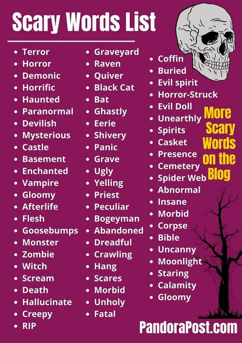 100+ Scary Words List (Horror Vocabulary For Writing a Creepy & Terrifying Story) - Pandora Post Horror Story Name Ideas, Words To Use In A Horror Story, Horror Names Ideas, Tips For Writing Horror, How To Write A Scary Story, Gothic Vocabulary, How To Start A Horror Story, Writing A Horror Story, Writing Tips Horror