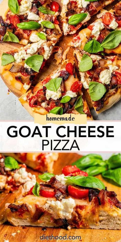 This goat cheese pizza is the best! With smoky bacon, crumbled goat cheese, and juicy tomatoes layered over a crispy homemade pizza crust. #homemadepizza #tomatopizza #homemadepizzadough Easy Homemade Pizza Recipe, Homemade Pizza Crust Easy, Pizza With Goat Cheese, Diethood Recipes, Margherita Recipe, Easy Dinners For Kids, Homemade Pizza Recipe Easy, Crumbled Goat Cheese, Homemade Pizza Recipe