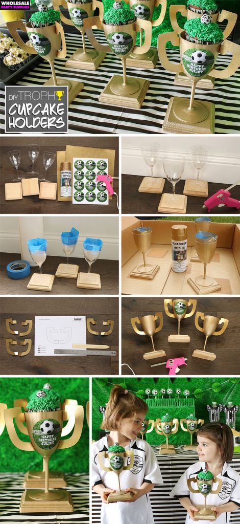 Diy Soccer Birthday Decorations, Diy Cupcake Holder, Kids Sports Birthday Party, Diy Trophies, Party Ideas Activities, Diy Trophy, Trophy Diy, Soccer Party Decorations, Trophy Ideas