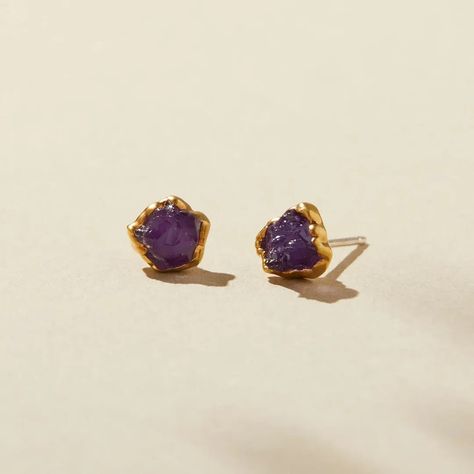 Gold February birthstone studs. Timeless gold earrings and hand and ethically made. Amethyst Earrings Gold, Raw Crystal Earrings, February Birthstone Jewelry, Modern Gold Jewelry, Amethyst Studs, Laurel Canyon, Amethyst Stones, Surgical Steel Earrings, Raw Amethyst