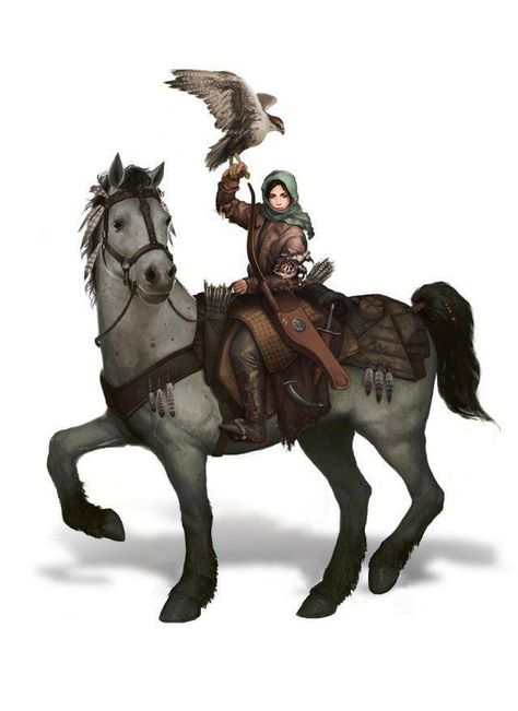 Female Halfling Ranger - wearing a green scarf over head and brown coat, riding a white horse and holding a falcon(?) on wrist, with a bow in case at side. Metal Couture, Ryan Lee, Concept Art World, Digital Art Gallery, Guild Wars, Green Dragon, Animal Companions, Fantasy Rpg, Medieval Fantasy