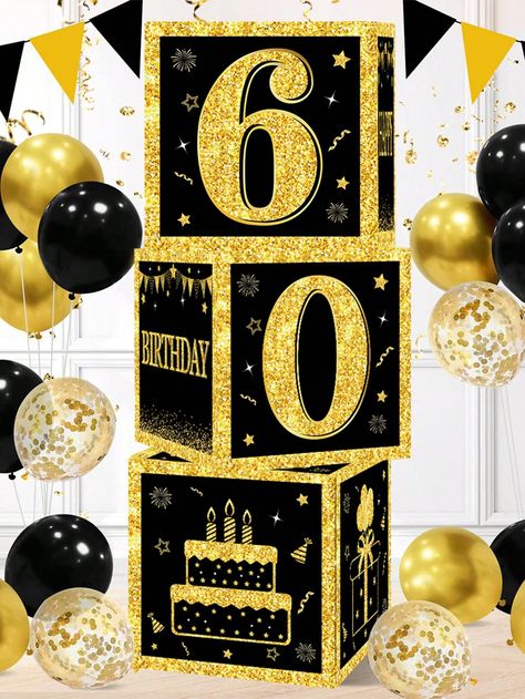 3pcs/Set 27cm 60th Black Gold Birthday Surprise Box, 60th Birthday Party Room Background Decoration, Photo Props, Birthday Gift Black Gold    Paper     Event & Party Supplies, size features are:Bust: ,Length: ,Sleeve Length: 60th Birthday Centerpieces, Birthday Party Room, Photo Props Birthday, Black Gold Birthday, 60th Birthday Party Decorations, 70th Birthday Decorations, Happy 60th Birthday, Party Room, Birthday Centerpieces