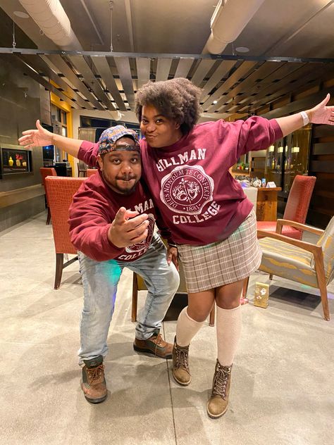 90s sitcom party outfit. His and Hers. Hillman College. A Different World Hillman College, College Couple Costumes, Hillman College A Different World, Community Halloween Episode, Whitman College, College Couples, Sheffield Hallam University, 90s Sitcoms, A Different World