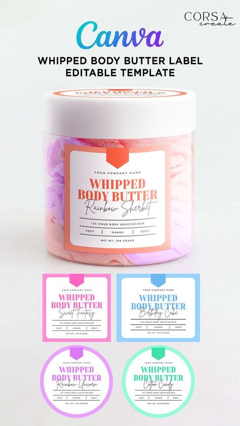 Whipped Body Butter Label Design | Rainbow Body Butter Labels | Editable Template at Canva Butter Label Design, Body Butter Packaging, Body Scrub Labels, Body Butter Labels, Diy Body Scrub Recipes, Free Label Templates, Homemade Body Butter, Diy Body Butter, Body Butters Recipe