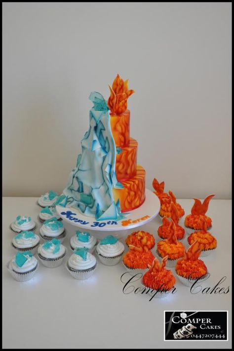 Fire and Ice airbrushed cake - Cake by Comper Cakes Fire And Ice Party, Fire Cake, Airbrush Cake, Ice Party, Game Of Thrones Party, 21st Bday Ideas, Movie Cakes, 13 Birthday Cake, Anime Cake