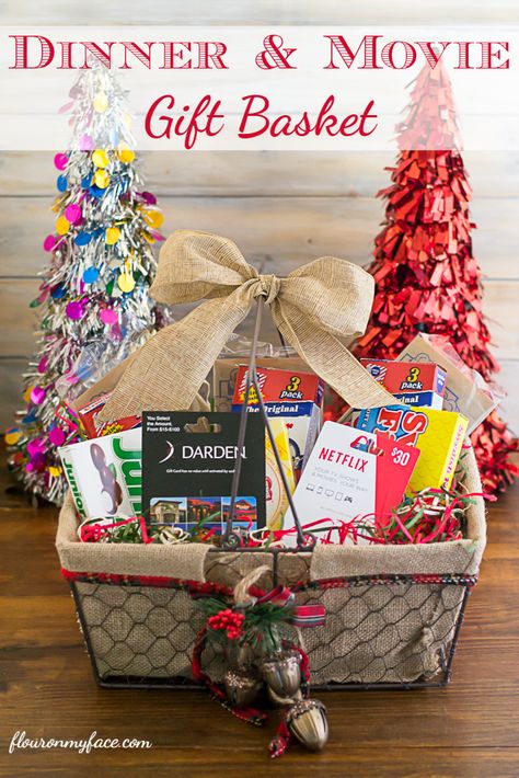 A personalized Dinner and Movie Gift Basket makes a great DIY Christmas gift #ad #WrappedInStyle via flouronmyface.com Couple Gift Basket Ideas, Xmas Gift Baskets, Movie Basket Gift, Diy Christmas Baskets, Gift Card Basket, Family Gift Baskets, Movie Night Gift Basket, Couple Gifts Basket, Christmas Gift Baskets Diy