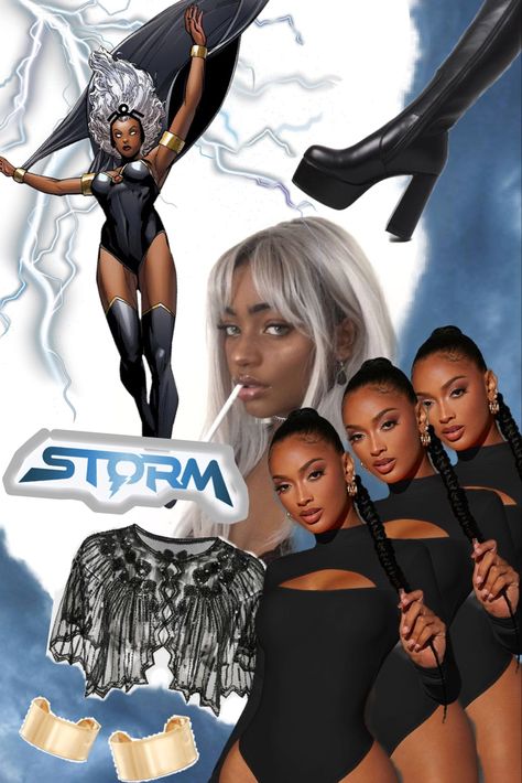 Black body suit, knee high black boots, sheer lace overthrow, gold cuffs, messy silver hair Storm And Wolverine Costume, Storm Costume Black Women, Storm Xmen Costume, Storm Halloween Costume, Pretty Woman Halloween Costume, Storm Costume, Storm Cosplay, Simple Halloween Costume, Storm Xmen