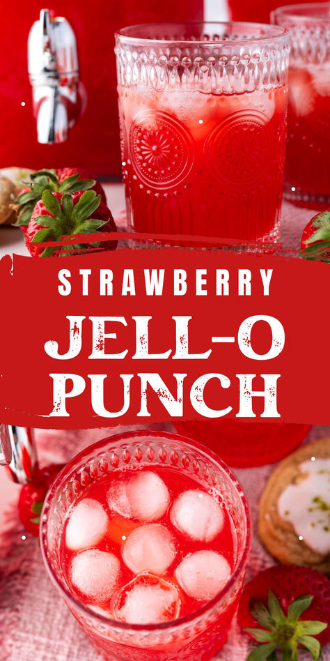 collage of a glass of strawberry jello punch with ice Drinks For Wedding Non Alcoholic, Summer Party Drinks Alcohol, 4th Of July Non Alcoholic Punch, Raspberry Themed Party, Kool Aid Punch Recipes, Jello Punch Recipes, Summer Non Alcoholic Punch, Red Punch Recipe Alcoholic, Picnic Drinks Non Alcoholic