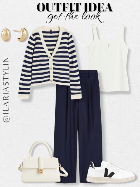 fashion inspo, summer fashion, summer outfit, summer outfit idea, transitional outfit, outfit inspo, comfy chic, classic chic, casual chic, effortless chic, pointelle cardigan, knit cardigan, striped cardigan, white top, cream top, tank top, jersey top, navy blue pants, tailored pants, wide leg pants, white sneakers, veja sneakers, veja v-10, cream bag, handbag, shoulder bag, style inspo, women fashion Striped Cardigan Outfit, H&m Fashion, Cardigan Outfit, Transition Outfits, Summer Capsule Wardrobe, Fall Capsule Wardrobe, Cardigan Outfits, Half Zip Sweaters, Neutral Fashion